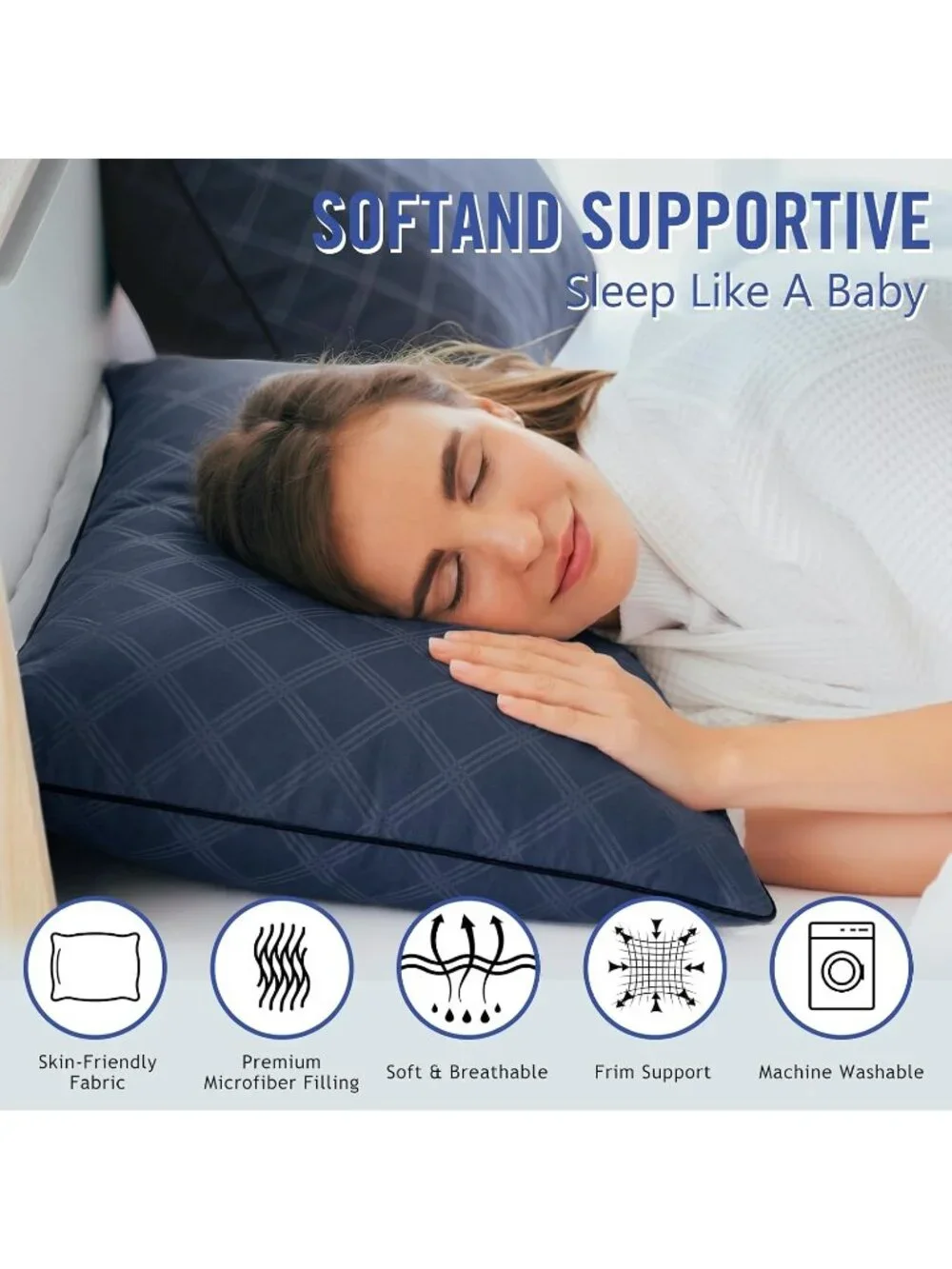 〽️Navy King Size Cooling Bed Pillows 2 Pack Down Alternative Soft Pillows Set